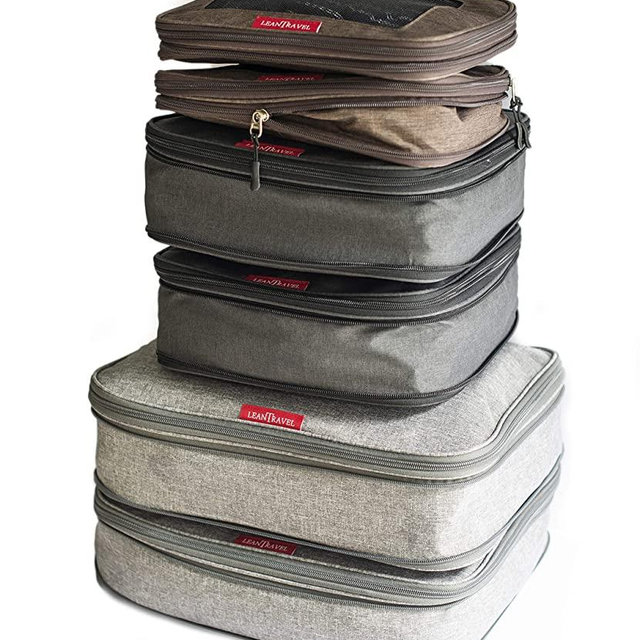 Compression Packing Cubes for Travel, Set of 6, Color Grey-Black-Brown, Double Zipper, LeanTravel