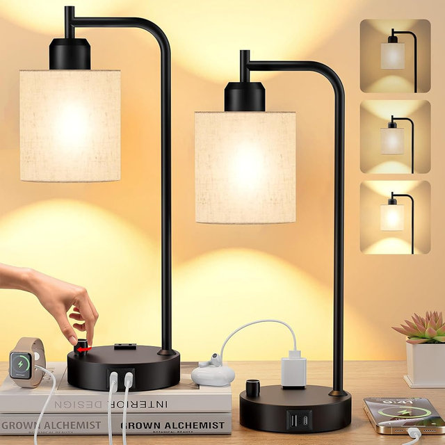 SIBRILLE Industrial Table Lamps with Linen Shade, Set of 2 Fully Dimmable Bedside Lamps with USB A+C Ports and Outlet, Black Nightstand Desk Lamps for Bedrooms Living Room Office, 2 LED Bulbs Included