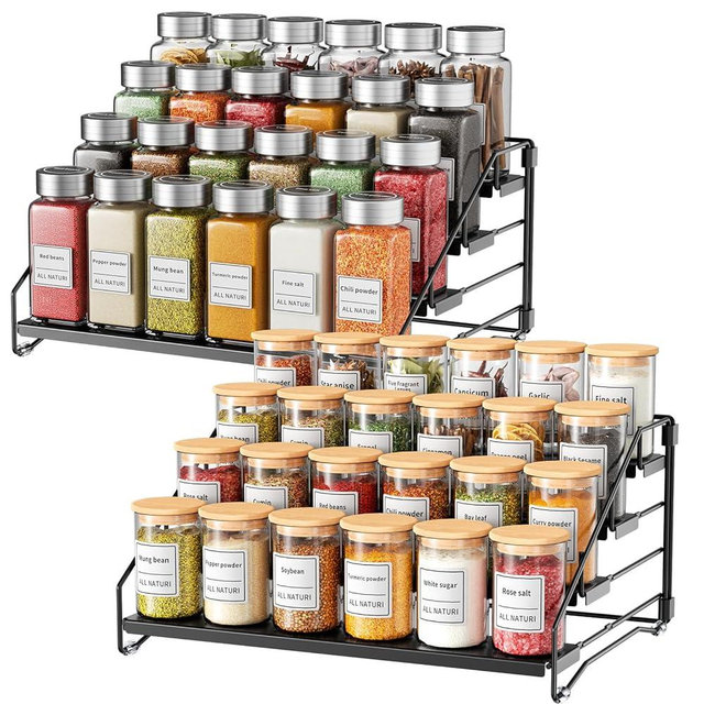 RCHYFEED Spice Rack Organizer for Cabinet Pantry,4 Tier Countertop Spice Rack,Step Spice Organization Easy Visibility,Tierd Depth Expandable Seasoning Shelf for Cabinet Organizer (Black, 2Pack)