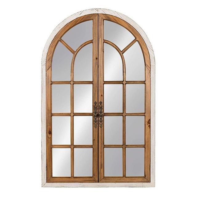 Kate and Laurel Boldmere Wood Windowpane Arch Mirror, 28x44, Rustic Brown/White