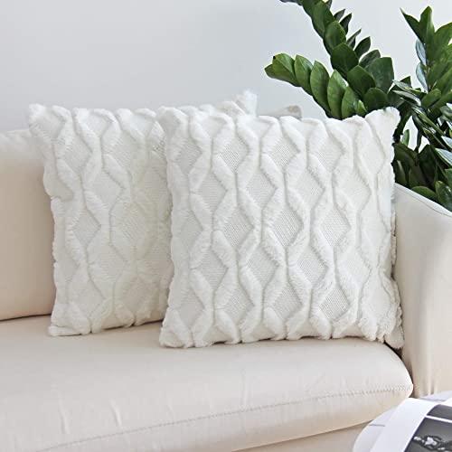 JOJUSIS Plush Short Wool Velvet Decorative Throw Pillow Covers Luxury Style Cushion Case Faux Fur Pillowcases for Sofa Bedroom Pack of 2 18 x 18 Inch White