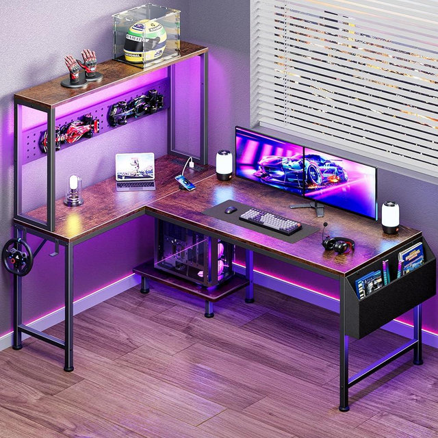 PRAISUN 51.2" L Shaped Gaming Desk with Power Outlets & USB-C Port, LED Lights, Computer Desk with Pegboard, Corner Desk with Storage Shelves & Bag, Home Office Desk with CPU Stand, Rustic Brown