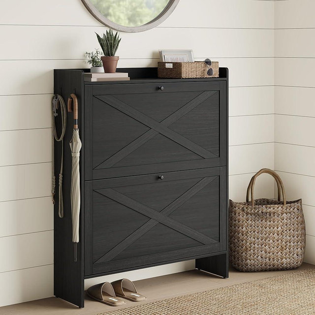 VASAGLE Shoe Storage Cabinet Organizer with 2 Flip Drawers, Freestanding Narrow Shoe Rack Cabinet for Entryway, Farmhouse Style, Fits 14 to 16 Pairs, Smoky Black UHSC203BJ01S