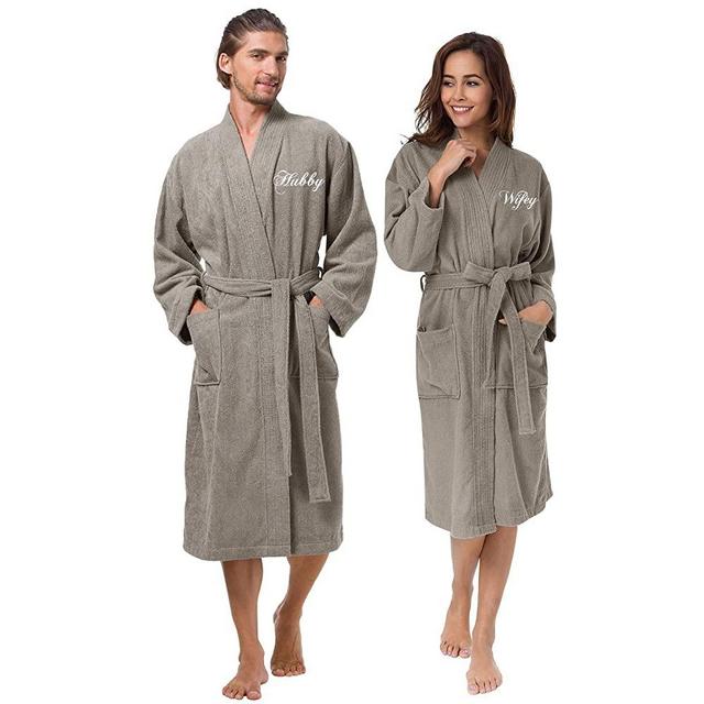 AW BRIDAL Couple's Terry Cotton Kimono Robe Spa Bathrobe Set - Unisex Hotel Robe with Elegant Script Embroidery