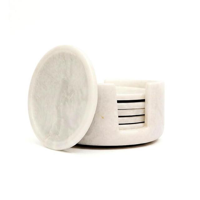 Marble Coasters Set of 6 with Holder, 3.5 Inch Round Drink Coasters for Tabletop and Coffee Table Decor (White)