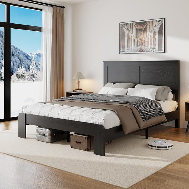 USHOW Wooden Bed Frame Queen Size with Headboard, Rustic Farmhouse Bedframe with Wood Slat Support, No Noise, No Box Spring Needed, Easy Assembly, Black