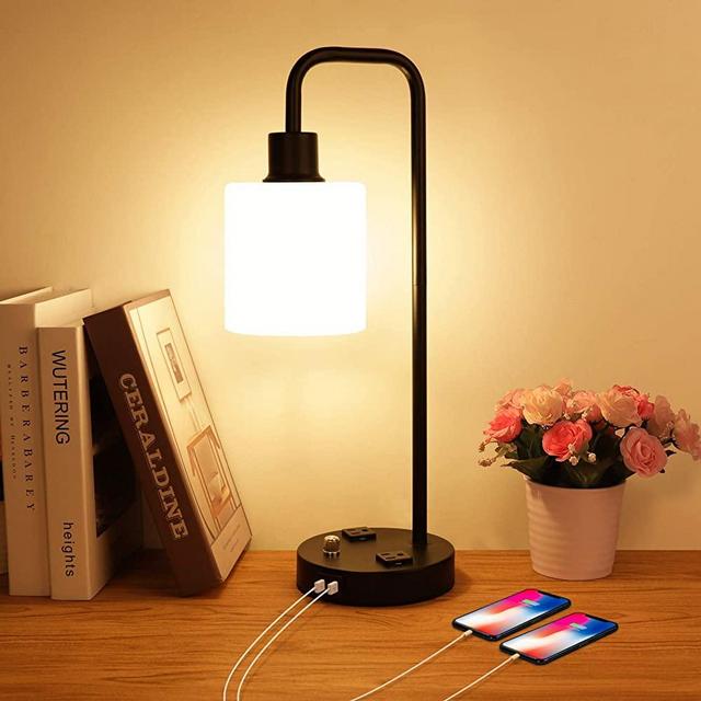 Industrial Table Lamp with 2 USB Charging Ports and AC Oulets, Dimmable Vintage Desk Lamp Opal Glass Shade Bedside Nightstand Lamp Modern USB Table Lamp for Bedroom Living Room Office, Bulb Included