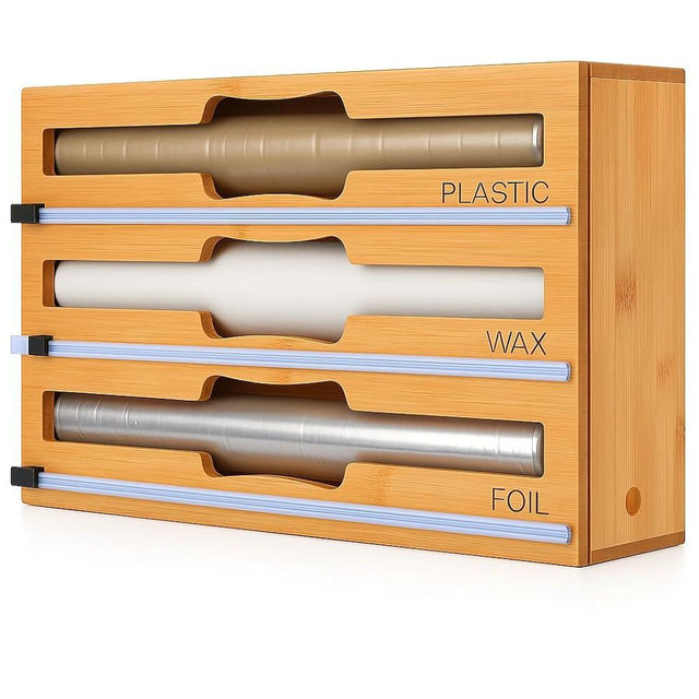 Maxpray 3 in 1 Wrap Organizer with Cutter and Labels, Plastic Wrap, Aluminum Foil and Wax Bamboo Dispenser for Kitchen Storage Organization Holder for 12" Roll (Natural)