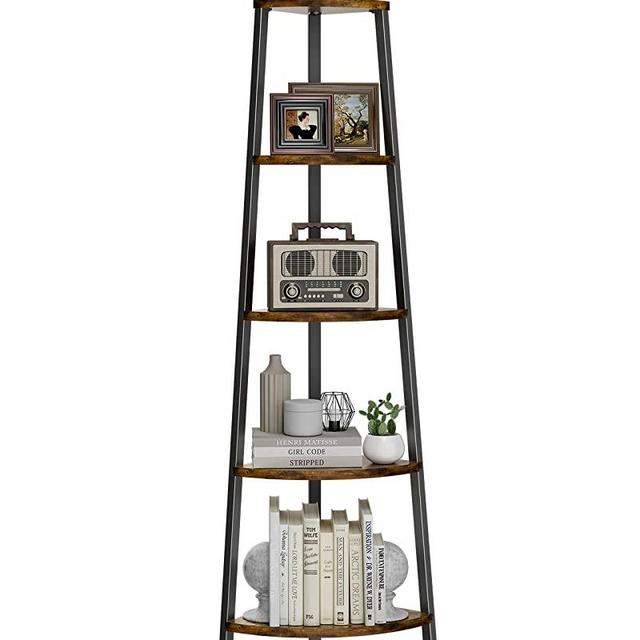 Pipishell Corner Shelf, 5 Tier Bookshelf Bookcase, Industrial Corner Bookshelf for Bedroom, Living Room, Office, Kitchen, Display Shelf & Storage Ladder Shelf, Rustic Brown