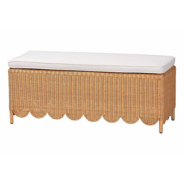 bali & pari Teresa Scalloped Rattan Ottoman Bench, Rectangle, Light Honey