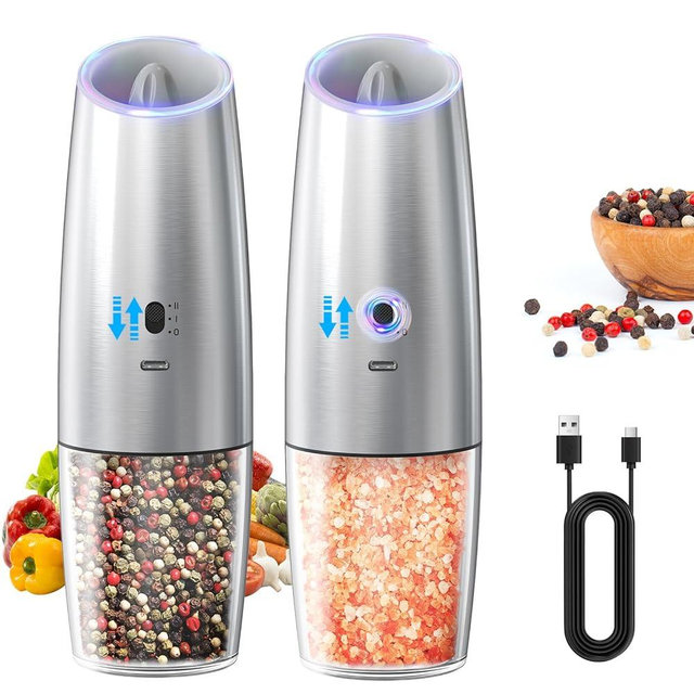 CIRCLE JOY Rechargeable Gravity Electric Salt and Pepper Grinder Set, Stainless Steels Salt and Pepper Mills with LED Light, No Battery Needed, Adjustable Coarseness, Washable 135ml Container, Silver