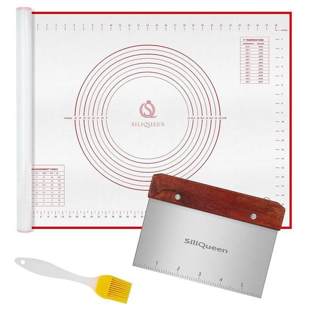 SiliQueen Silicone Pastry Baking Mat with Measurements Extra a Brush and a Dough Scraper - 31.5” x 23.6” Heat Resistant, BPA Free, Non-Stick Non-Slip Pastry Mat for Rolling Dough - Easy to Clean, Red