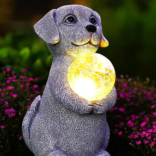 Tiejiajiang Solar Dog Garden Statues - 8.4 "Dog Decor with Gazing Ball Solar LED Lights, Unique Gifts for Mom Grandma Birthdays, Outdoor Decor for Outside Lawn Porch Patio (Gray)
