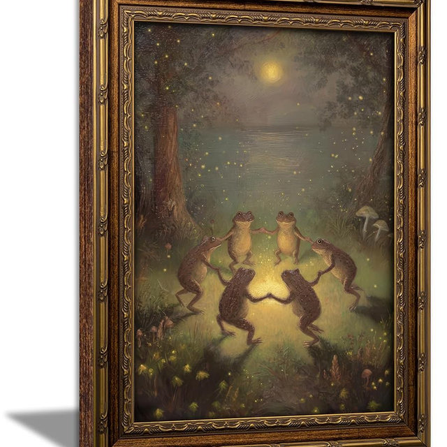 Vintage Gold Framed Frog Wall Art,Frogs Dancing in Moonlight Forest Painting Canvas Prints,Whimsical Animal Wall Decor,Retro Country Toad Poster Artwork for Corridor Living room Bedroom Kitchen