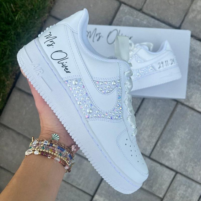 Personalized Bridal Air Force 1 Sneakers White iridescent Rhinestone & white Pearl Wedding Shoes