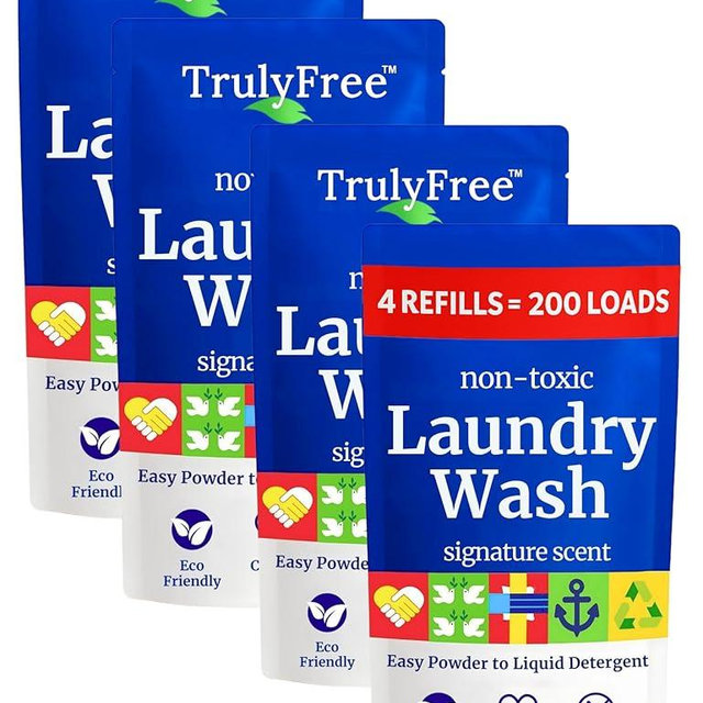 Truly Free Natural Laundry Detergent for Sensitive Skin | Eco Friendly, Plant Based, Baby Clothes Safe | Clean & Easy Powder to Liquid, 4 Pack Refill Detergent, NO Jug | Signature Scent, 200 Loads