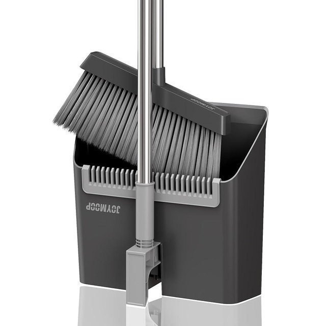 JOYMOOP Black Broom and Dustpan Set, Upright Angle Design with Built-in Comb Teeth for Home, Office, Hardwood Floors, Pet Hair