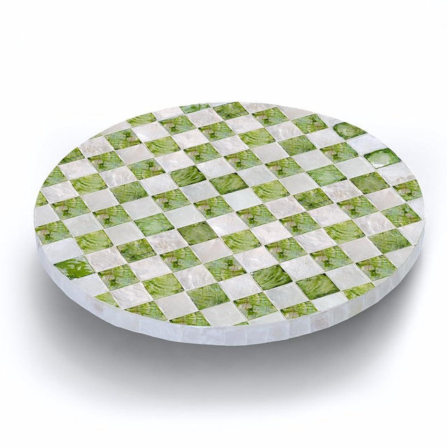 CHI AN HOME 12" Checkered Lazy Susan for Tabletop, Handcrafted Mother of Pearl Turntable Organizer for Kitchen Counter, Coffee Table, Bathroom, Dining or Organizing (Pistachio Green)