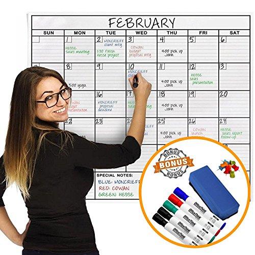 Jumbo Dry Erase Laminated Wall Calendar, Huge 24-Inch by 36-Inch Size, Monthly Planner for Home Office Classroom, Large Date Boxes, Reusable PET Film, Never Folded, Bonus 5 Markers, 8 Tacks, 1 Eraser