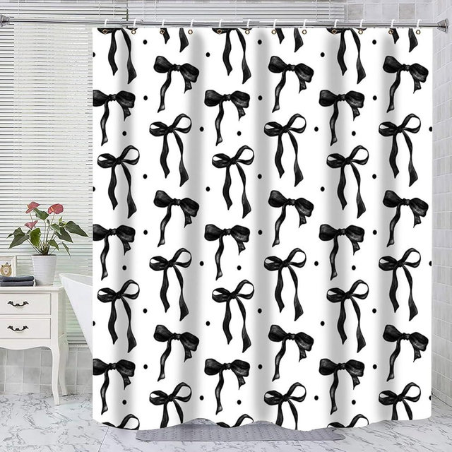 Shower Curtain Bows Black and White Bow Shower Curtain, Cute Black Bow Bathroom Decor Aesthetic Waterproof Fabric Shower Curtain Set with Hooks Pretty Coquette Bathroom Decor for Girl Lady 72x72 Inch