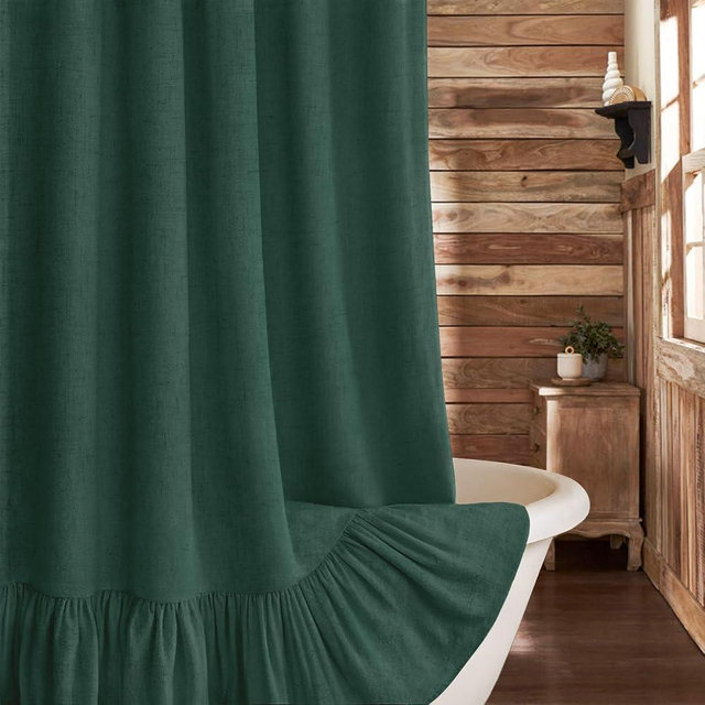 XOGUIBO Farmhouse Shower Curtain with Ruffle Hem Linen Flax Dark Green Shower Curtains for Bathroom Country Vintage Rustic Natural Fabric, 72" W x 72" L
