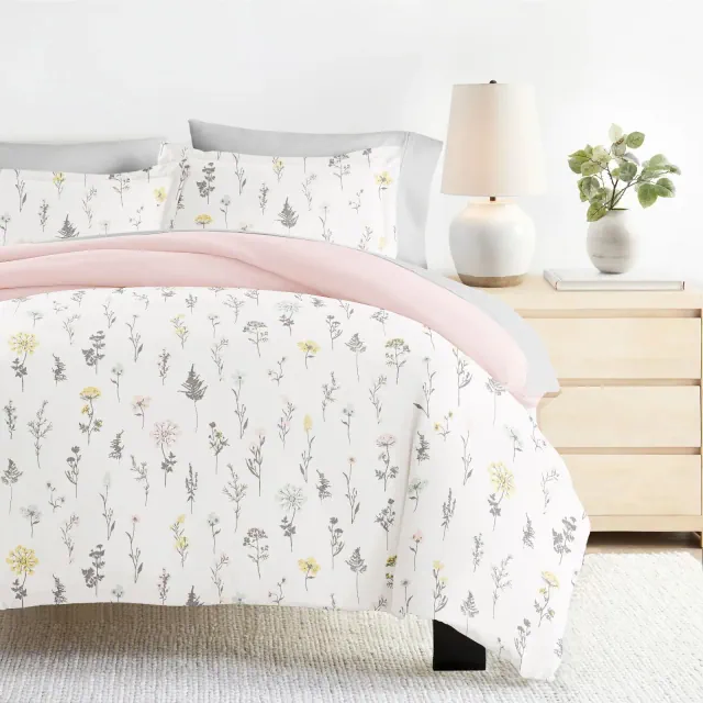 8PC Bedding Bundle, Patterned Duvet Cover, White Comforter and Solid Sheet Set - Becky Cameron, Wildflower Pink, King