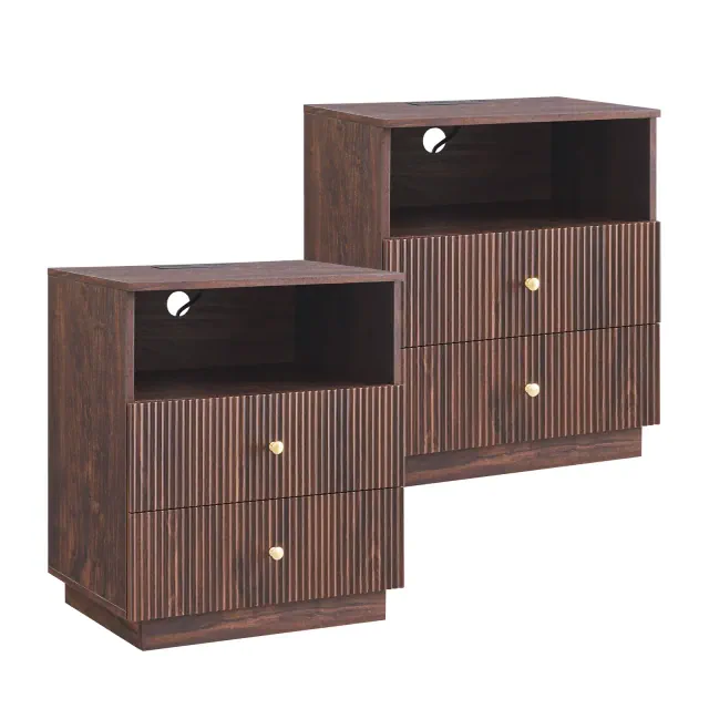 SinCiDo Modern Nightstand Set of 2, Wood Night Stand with Charging Station & 2 Drawers & Open Shelf, Fluted Bedside Table for Bedroom, Brown