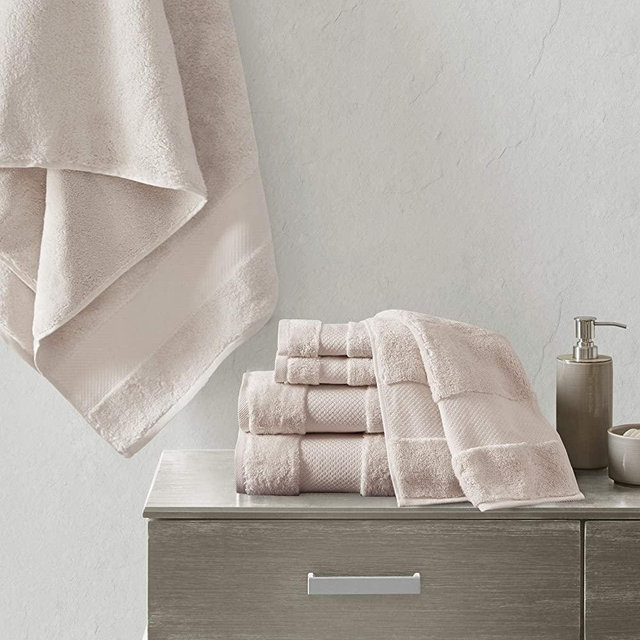 MADISON PARK SIGNATURE Turkish 100% Cotton 623Gsm Luxury Premium Thick Soft Abosorbant Hotel Bathroom Towel Set Shower Hand Face Washcloths, Assorted Sizes, Blush 6 Piece