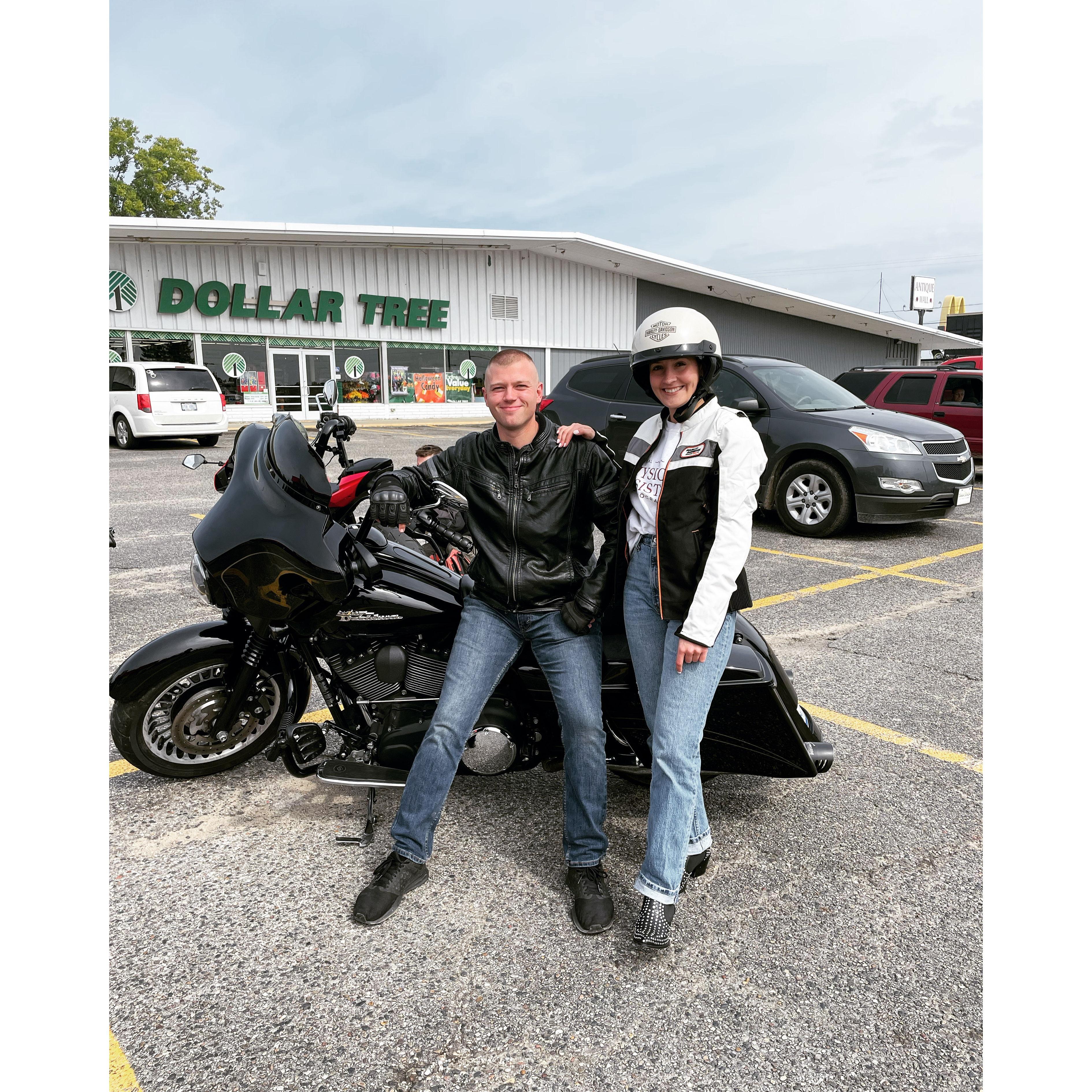 We both enjoy riding our motorcyle in the summer months. This photo was taken the day Cody proposed!