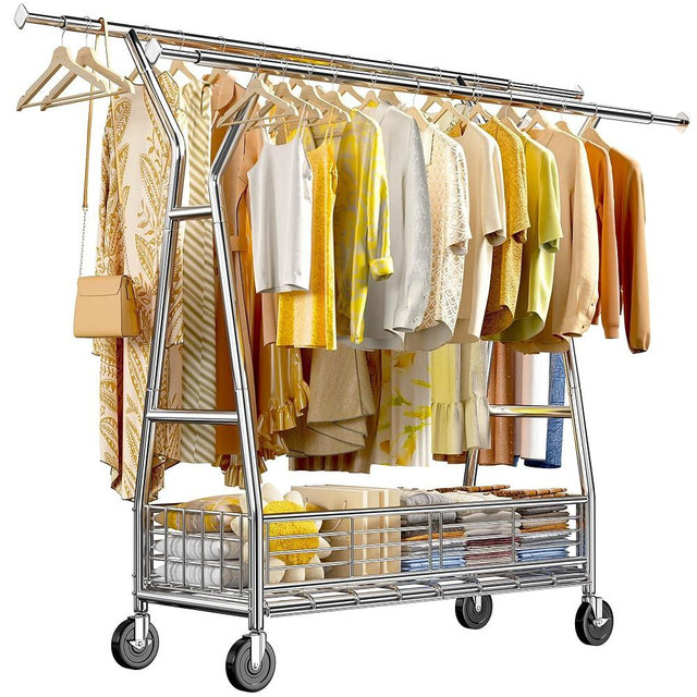 Raybee Clothes Rack Heavy Duty Rolling Clothing Rack with Wheels Load 600LBS Double Rod Clothing Racks for Hanging Clothes Commercial Portable & Adjustable Garment Rack with Metal Basket, Chrome
