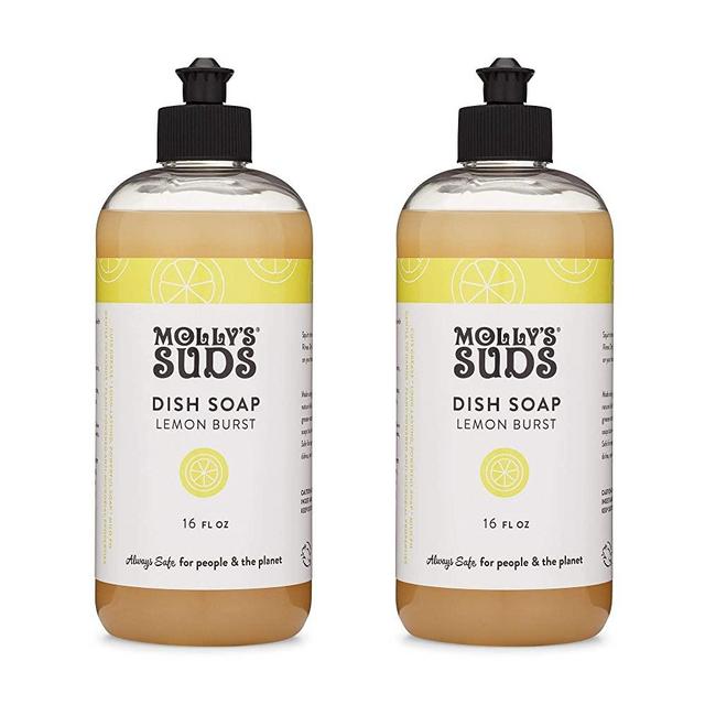 Molly's Suds Natural Liquid Dish Soap | Long-Lasting, Powerful Plant-Powered Ingedients | Herbal Lemon Scent | 16 oz - 2 Pack