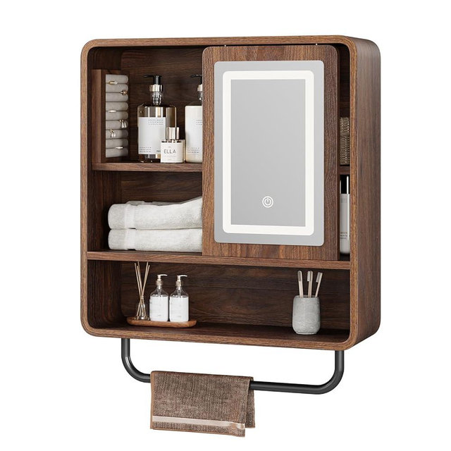 QUW Bathroom Wall Cabinet with Sliding Mirror Door, Modern Medicine Cabinet with Lights, Wall Cabinet with Towel Bar & Jewelry Holder, Wall Storage Cabinet for Laundry Room, Living Room, Dark Walnut
