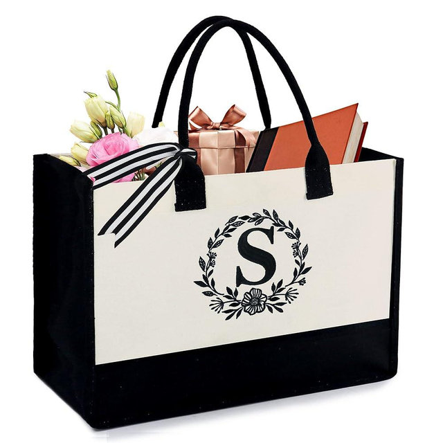 BeeGreen Gift Basket Monogram Initial Canvas Tote Bag with Pocket Embroidery Personalized Tote for Mom Teacher Friend