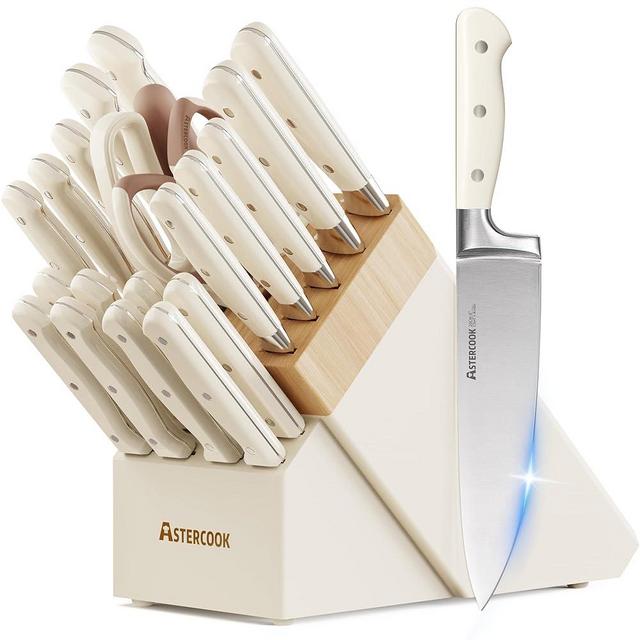 Knife Set,Astercook Kitchen Knife Set with Block 22-Piece Full Tang Stainless Steel Knives with Sharpener Dishwasher Safe and Anti-Slip Ergonomic Handle Elegant Cream White Utensils Set