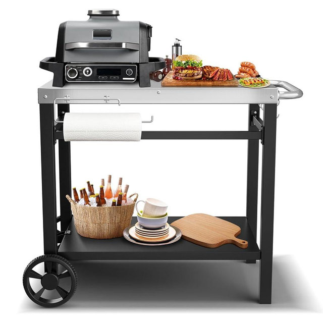 Outdoor Grill Table Cart for Ninja Woodfire OG951 & OG700 Series, Upgraded Stainless Steel Movable Pizza Oven Table Double-Shelf Universal Kitchen Island for Blackstone Griddle Stand & Outdoor Cooking