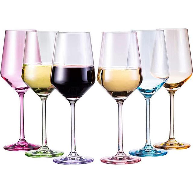 Set of 6 Colorful Wine Glasses - 12 oz Hand Blown Italian Style Crystal Bordeaux Wine Glasses - Red, Blue, Green, Purple, Pink, Orange - Premium Stemmed Colored Glassware - Unique Drinking Glasses