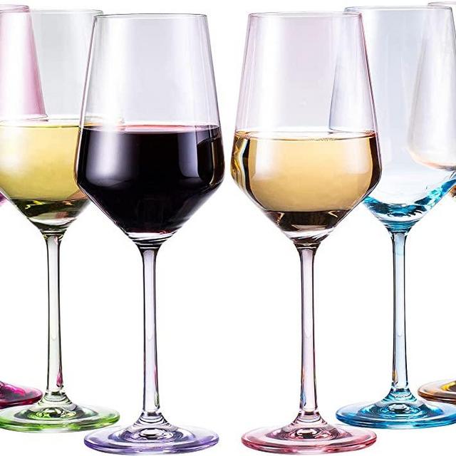 Set of 6 Colorful Wine Glasses - 12 oz Hand Blown Italian Style Crystal Bordeaux Wine Glasses - Red, Blue, Green, Purple, Pink, Orange - Premium Stemmed Colored Glassware - Unique Drinking Glasses