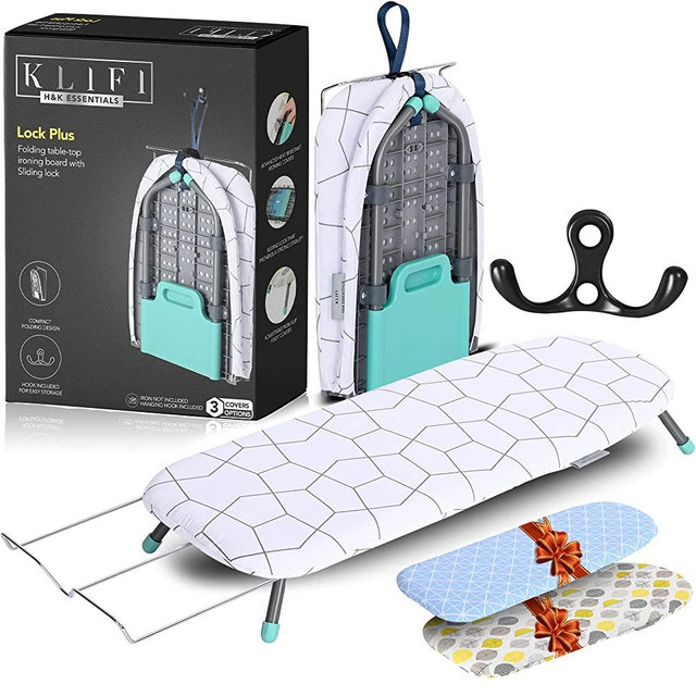 KLIFI™ Small Table Top Ironing Board Includes 3 Stylish Heat-Resistant Covers and Attached Iron Rest and hookMini Iron Board Folds and Hangs for Storage and Travel, Folding Ironing Table