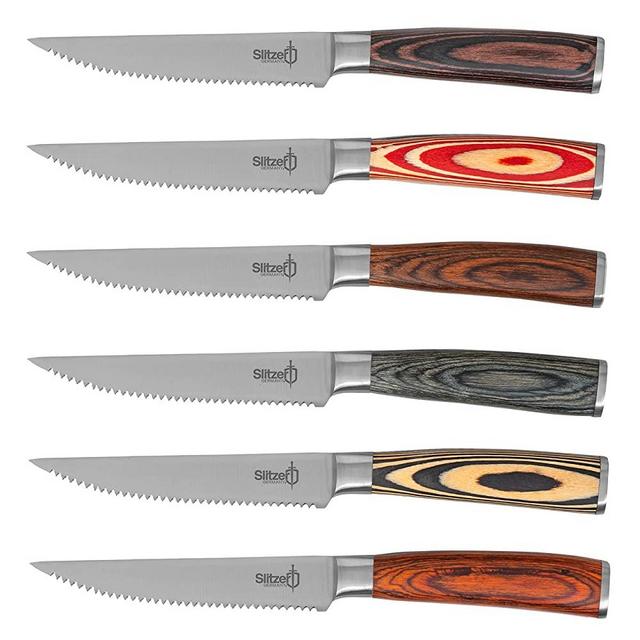 Slitzer Germany 6-Piece 9” Steak Knives Set - Professional, High-Performance Serrated Knife Blades, Pakkawood Handles - Stainless Steel Hand Bolster & Butt - Kitchen Knife Set in Gift Box Case