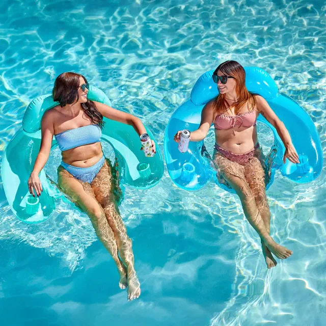 Joyfy 2 Packs Inflatable Pool Floats Chair, Pool Lounge Chairs with Cup Holders for Adult Summer Water Fun Swimming Party Beach - Clear Blue, Green