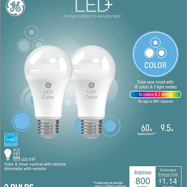 GE LED+ Color Changing Light Bulbs, 18 Colors & 5 Light Modes, No App or Wi-Fi Required, Remote Included, A19 Light Bulb (2 Pack)