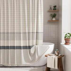 Boho Shower Curtain Set, Grey Shower Curtain with Tassels, Rustic Faux Linen Gray Striped Modern Farmhouse Shower Curtain with Hooks, Light Tan Toned, 72x72 Inches
