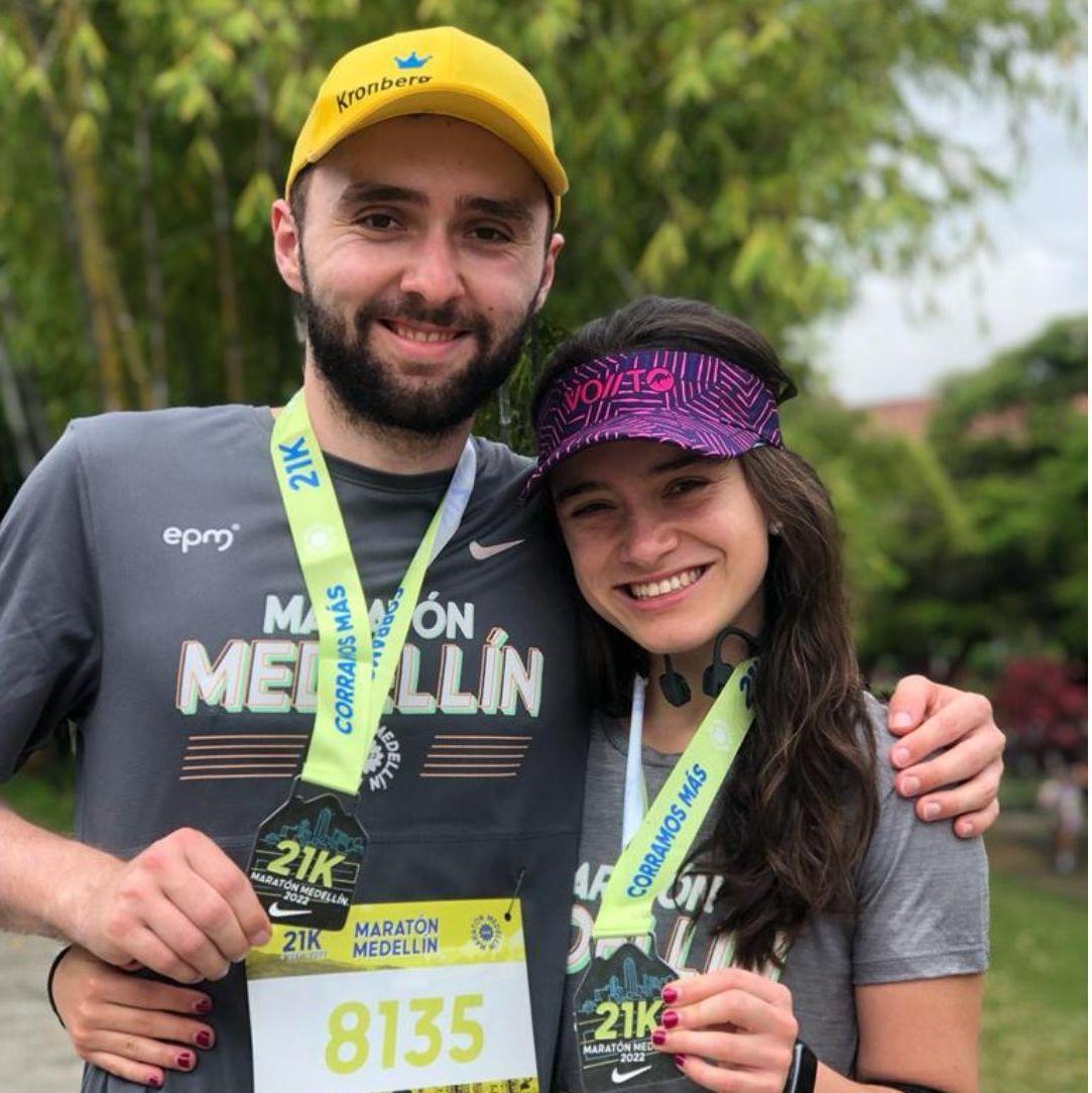We like running, especially half-marathons. Here in Medellin in 2022.