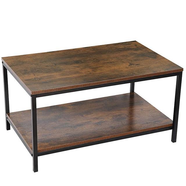ZenStyle Industrial Coffee Table with Storage Shelf for Living Room, Wood Look Accent Furniture with Vintage Wooden Board Stable Metal Frame Cocktail Table 2-Tier Tea Table Easy Assembly, Rustic Brown