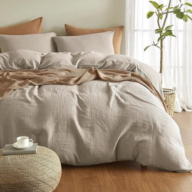 SE SOFTEXLY Muslin Duvet Cover Queen Size, 100% Washed Cotton Duvet Cover Set, Ultra Soft Comforter Cover Linen Like, 3 Pieces Minimalist Gauze Duvet Cover with 2 Pillowcases, 90"x90", Beige