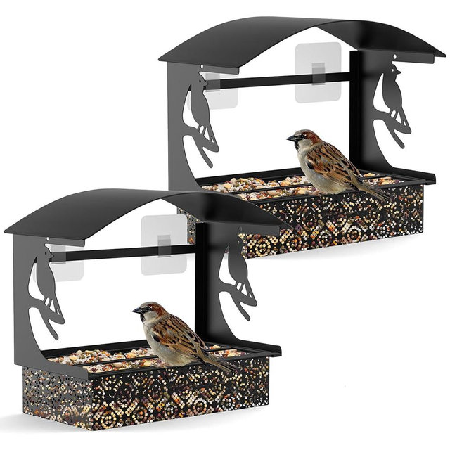 Tonitrui Window Bird Feeder with Heavy-Duty Adhesive Hooks for Outside,All-Season Metal Winter Bird Seed Feeder for Ultimate Window Viewing, 2-Pack (Black)