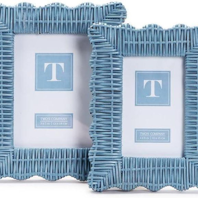 Two's Company Handmade Blue Rattan Photo Frame Set - 4x6 & 5x7 Wooden Boho Picture Frames