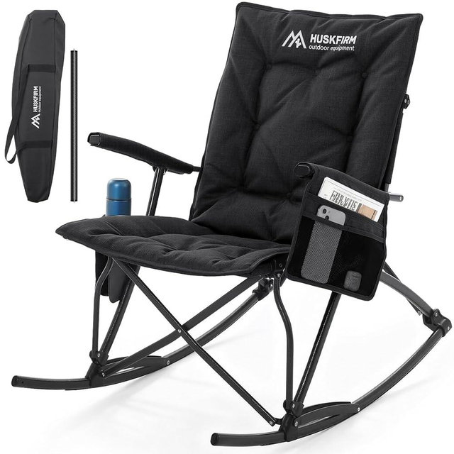 Huskfirm Oversized Rocking Camping Chair Folding Rocking Chair with High Back Padded Outdoor Rocking Chair Heavy Duty Portable Rocker Chair for Camping, Lawn and Patio, Supports Up to 400 lbs, Black