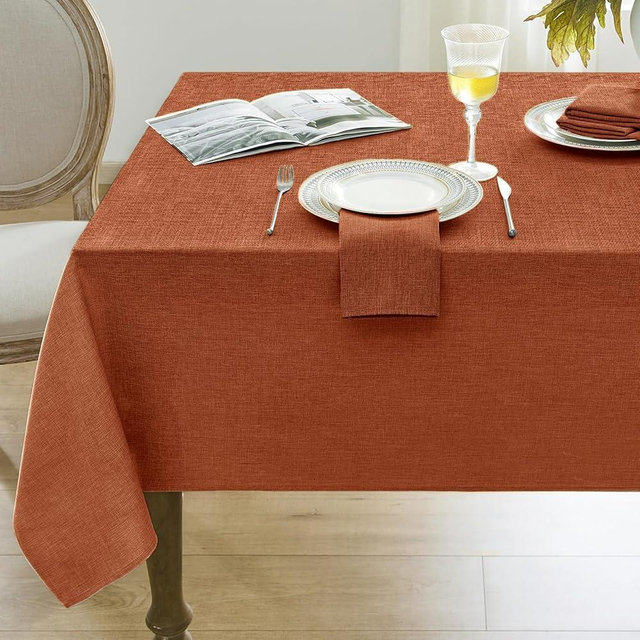 Softalker Fall Linen Textured Rectangle Tablecloth, Thanksgiving Waterproof Farmhouse Burlap Table Cloth, Stain Resistant Table Covers for Kitchen Dining Holiday Party (60 x 104, Burnt Orange)