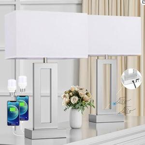 Nightstand Table Lamps for Bedrooms Set of 2 - Touch Bedside Lamp with USB C+A, 3 Way Dimmable Living Room Lamps for End Tables Set of 2, Modern Night Stand Lamps for Bed Side(White&Silver)